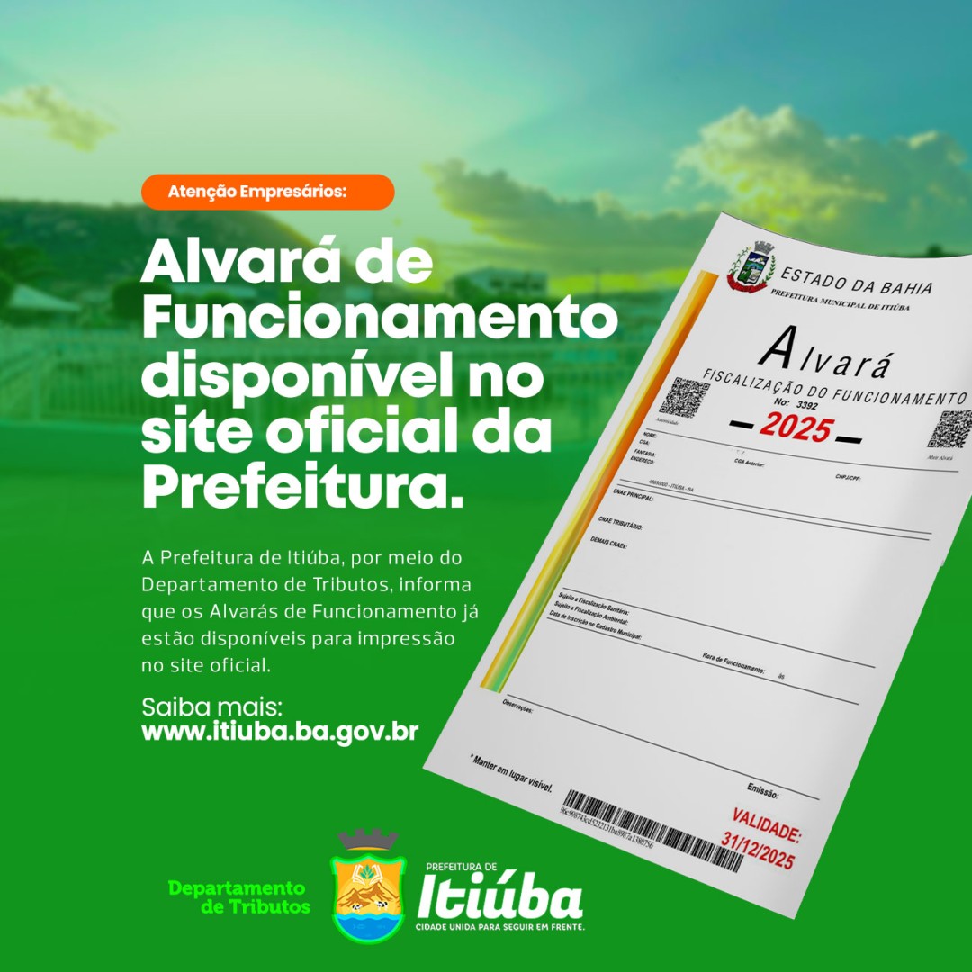 Prefeitura de Itiúba informa empresários sobre a disponibilização do Alvará de Funcionamento do ano vigente